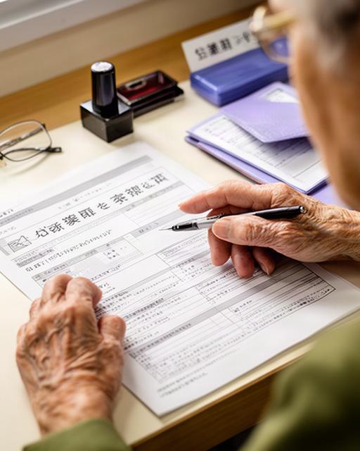 銀行の住所変更届を大きな文字の見本と並べて確認している書類記入補助の場面