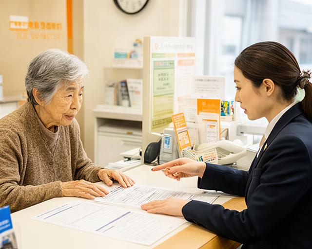 三条市の銀行窓口で高齢のお客様とスタッフが書類を確認している様子